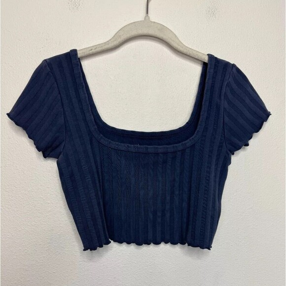 OFFLINE Aerie OG Groove Cropped Tee Size S Blue Ribbed Cap Sleeve Lettuce Trim - Picture 1 of 14
